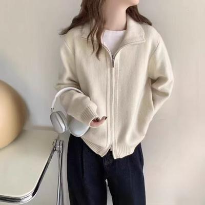 Loose Fit, Sweater, Coat, Women's, Double Zipper, Stand Up Collar, Knit, Cardigan