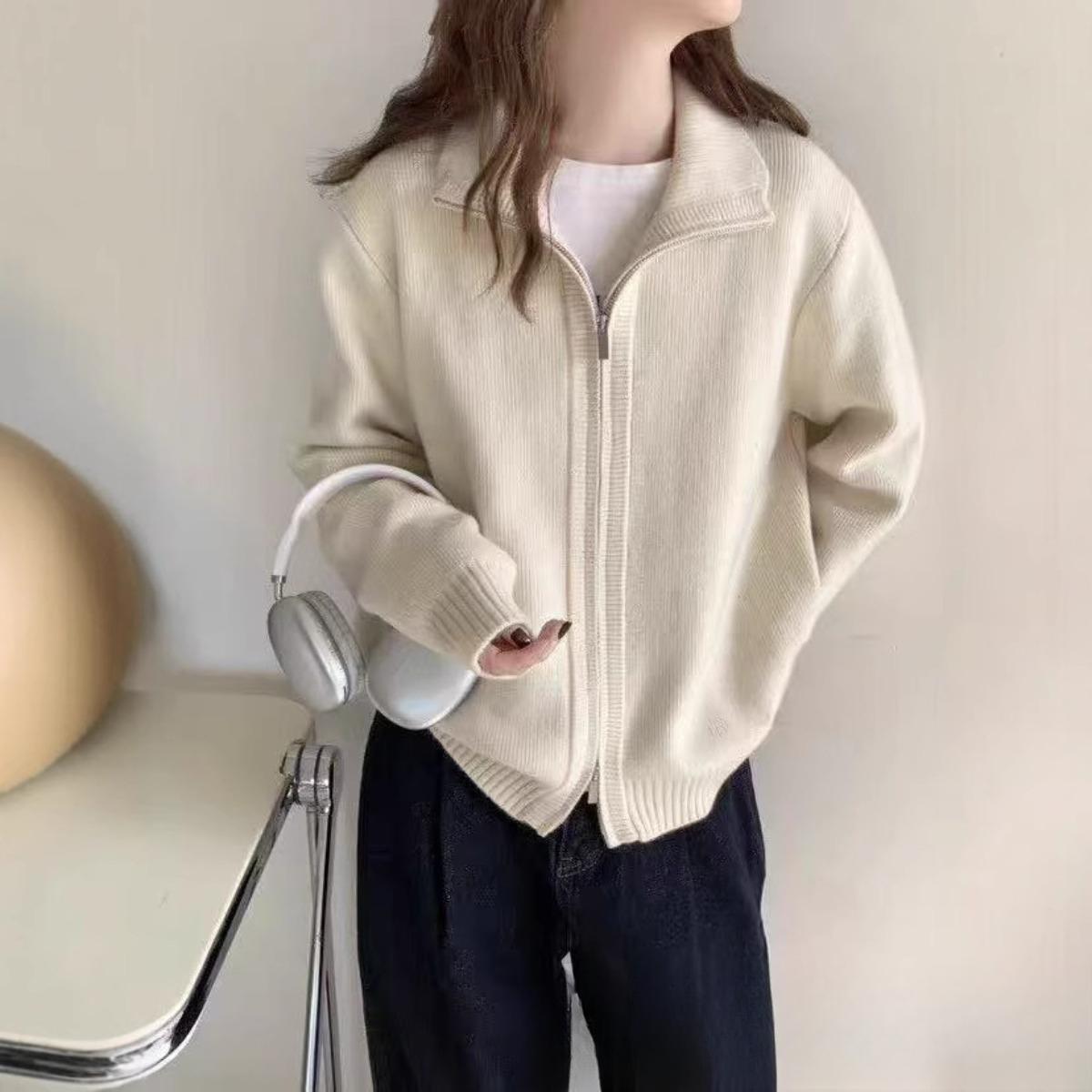 

Свободный крой, Свитер, Пальто, Женский, Двойная молния, Воротник-стойка, Вязаный, Кардиган One size бежевый