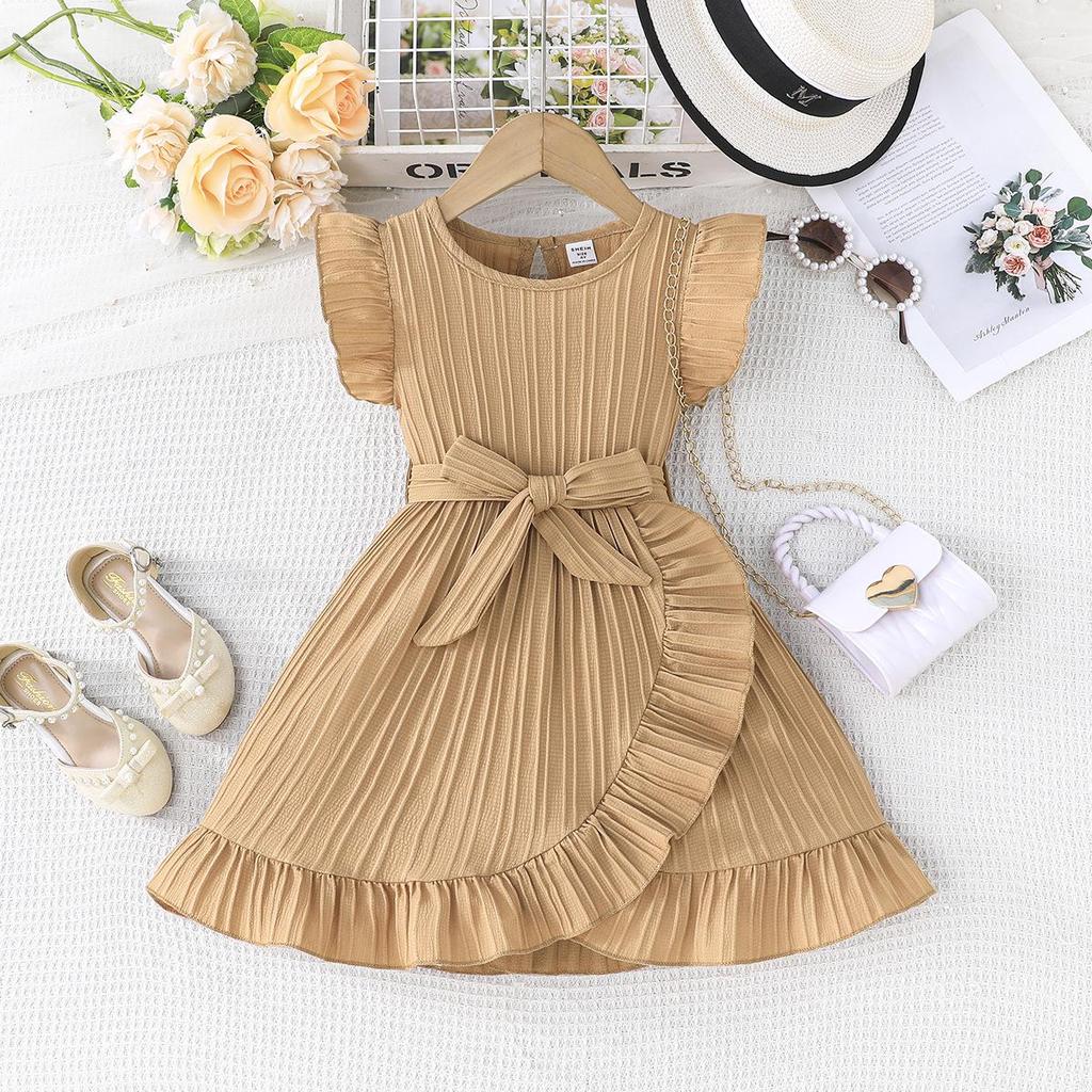 2025 Summer Girls' Solid Color Stripe Ruffle Dress with Belt
