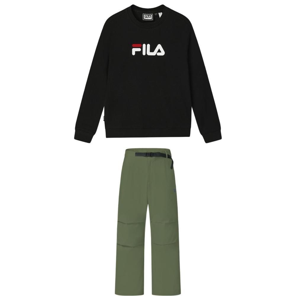 FILA Sweatshirt Sets Men s Sweatshirt Jet Black+Green Military Pants Crew Neck Moderate F51U539205F-BK+A51M531801F-KK L