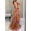 Women's New Mesh Printed Suspender Dress Summer Vacation Casual Party V-neck Waist Long Skirt