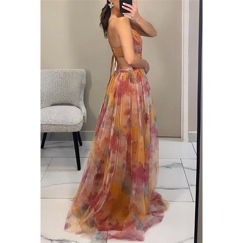 Women's New Mesh Printed Suspender Dress Summer Vacation Casual Party V-neck Waist Long Skirt