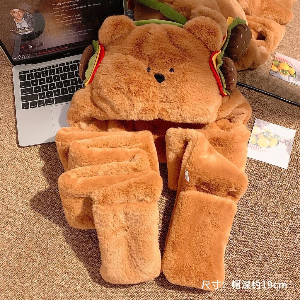 MIND BOY Cute Burger Bear Plush Hat Female Warm Big Head Circumference Show Face Small Ear Protection Lei Feng Hat