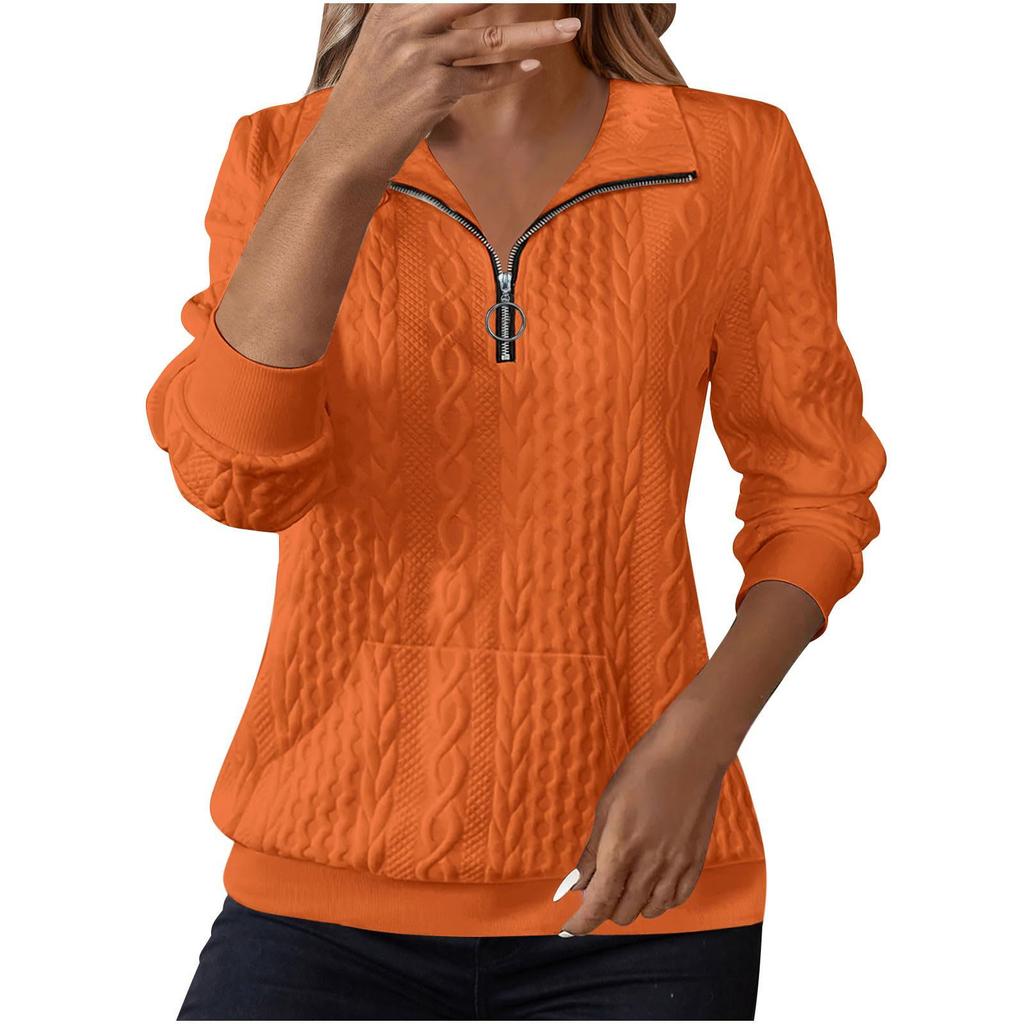 Women's Fashion Long Sleeve Solid Color Casual Collared Zipper Long Sleeve Pocket Sweatshirt