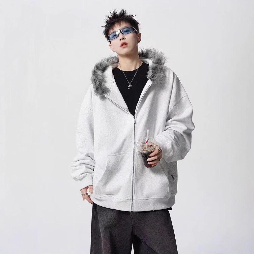 Unisex American Retro Fur Collar Hooded Cardigan