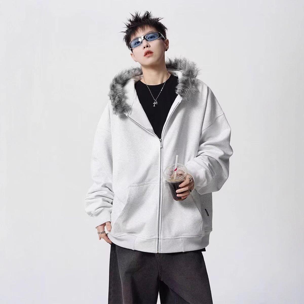 Унисекс Американский Ретро Кардиган с Капюшоном и Меховым Воротником 2XL серый