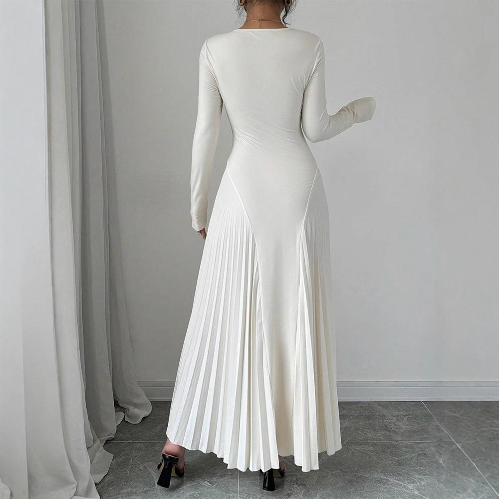2025 Women’s Elegant Long Sleeve Pleated Knit Dress for Spring/Autumn