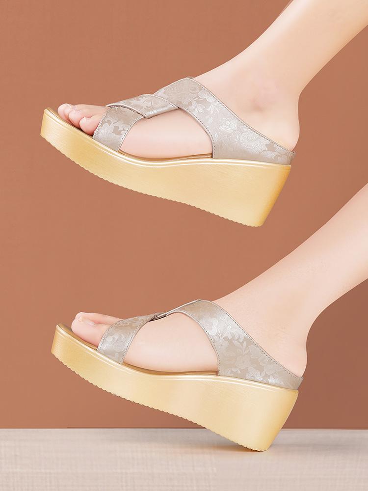 6cm Small Size 33-43 Elegant Comfortable Embroider Soft Leather Slippers Platform Wedges Shoes 2025 Med Heels Slides Office Mom