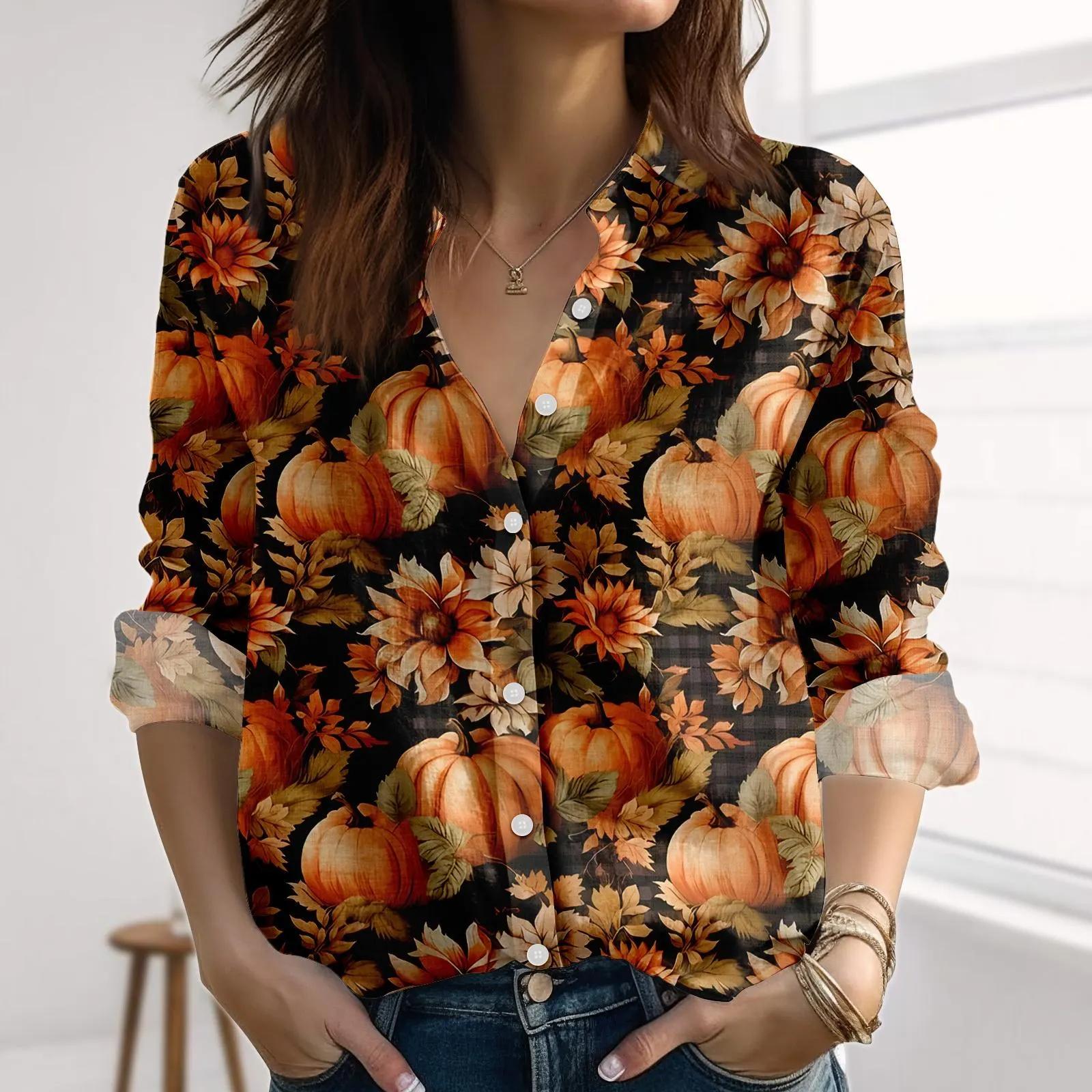 

Halloween Women s Long Sleeve Shirt Pumpkin Skull Shirt Autumn Season Button-Up Shirt Horror Gift Holiday Party Women Tops S