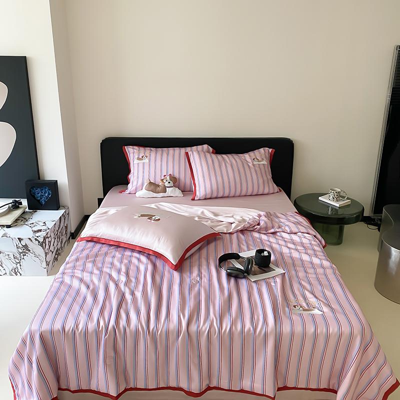 100 Lyocell Sommerdecke Set mit Kissenbezug Gestreift Pflanzenfaser Kühl Leicht Decke Steppdecke