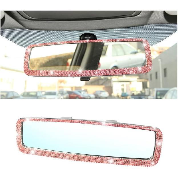 Bling Car Rear View Mirror, Rhinestones Crystal Clip-On Rearview Mirror With HD Glass, Compatible With Most Cars, SUVs, Vehicles, Auto Interior