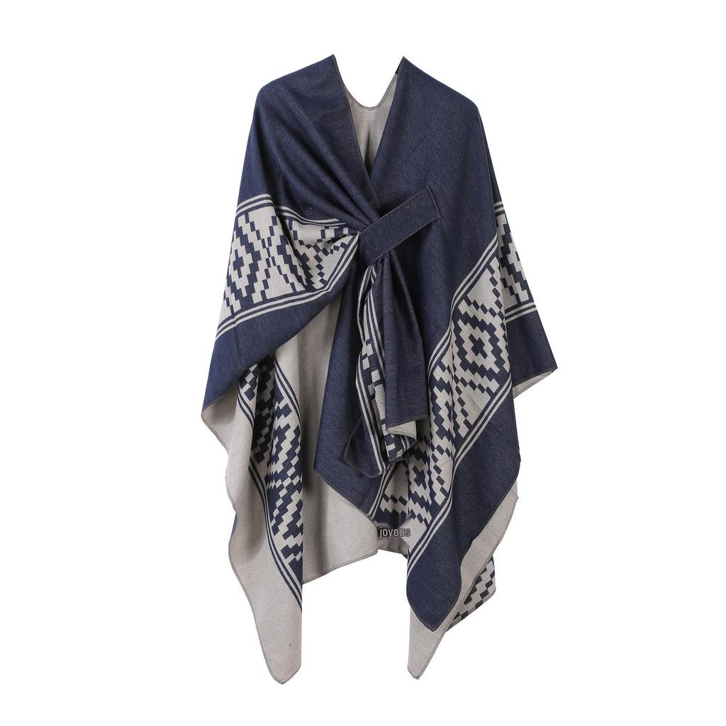 Women's European & American Double-Sided Solid Color Cape Shawl with Striped Edge