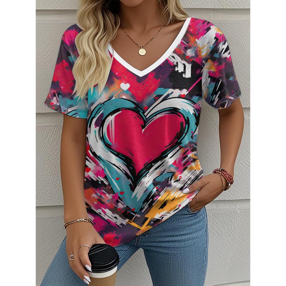 Sommer Damen T-Shirt Liebe Aufdruck Outdoor Retro Mode Lässig Oversized V-Ausschnitt Kurzarm Damenbekleidung