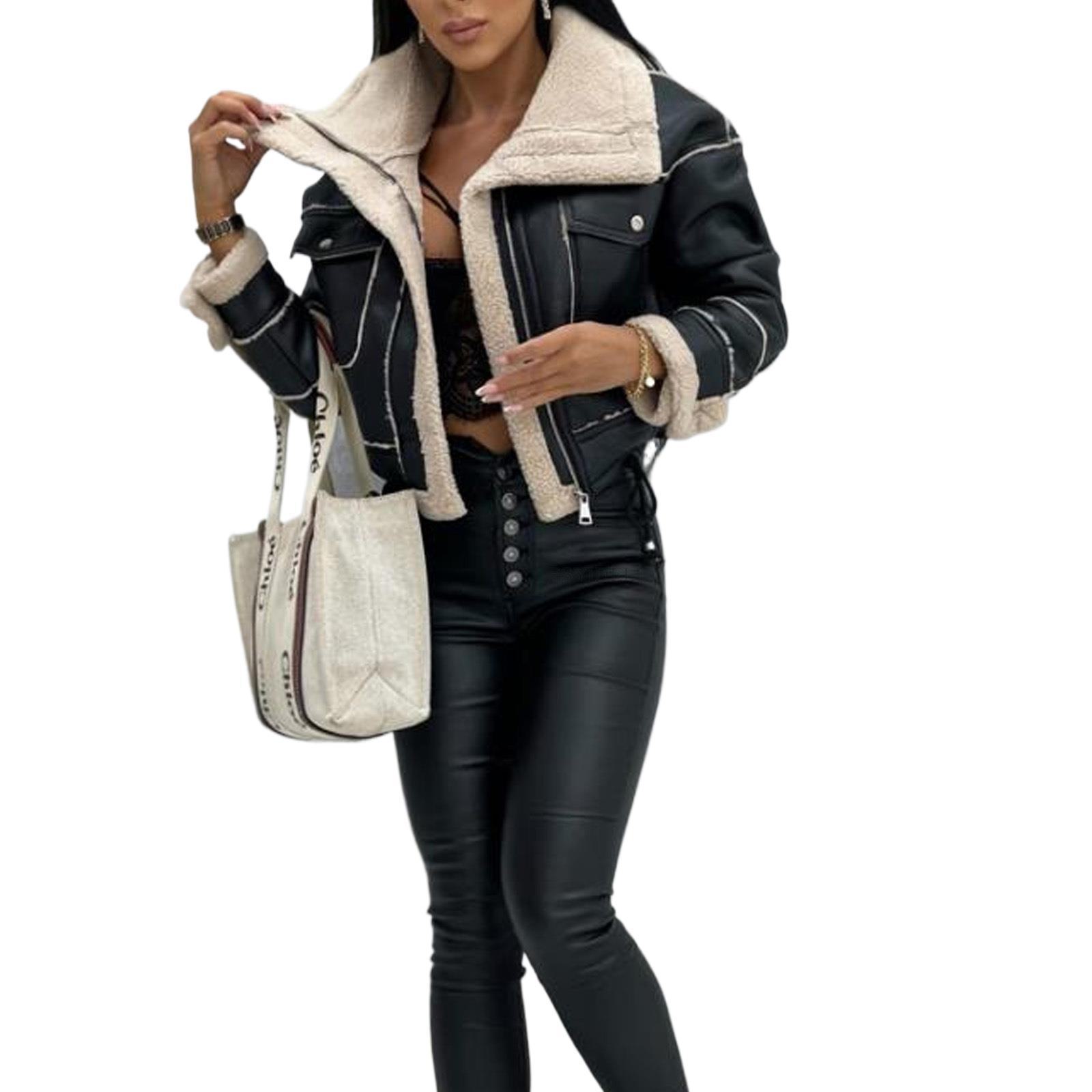 

Женская куртка из искусственной кожи и флиса для мотоцикла с воротником-стойкой и короткой молнией (Модель 3120) S