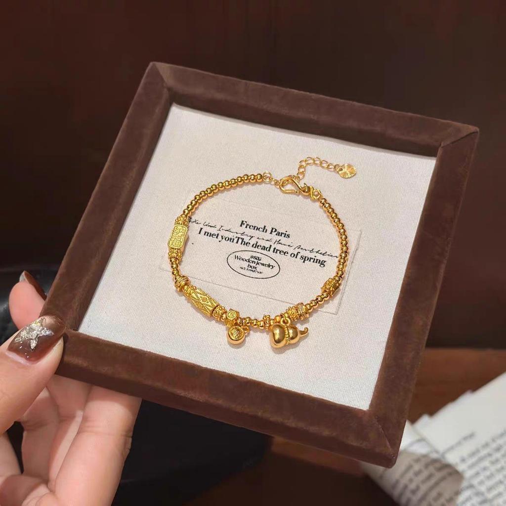 Women's Sand Gold Gourd Charm Beaded Bracelet - New Chinese Style, Retro National Design, Long-Lasting Color Retention