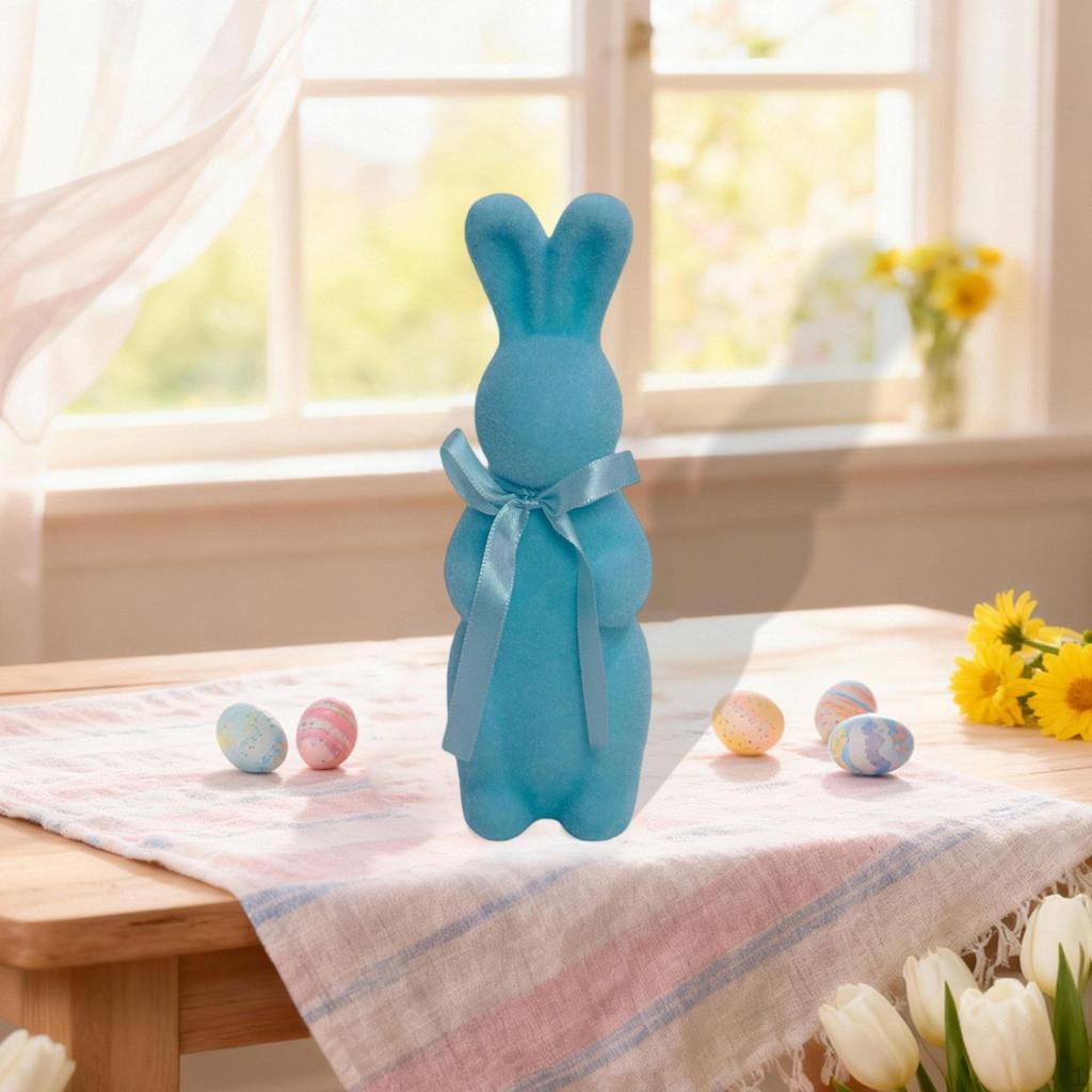 Flocked Easter Bunny Figurine Statue Sculpture with Bowknot for Indoor Desktop