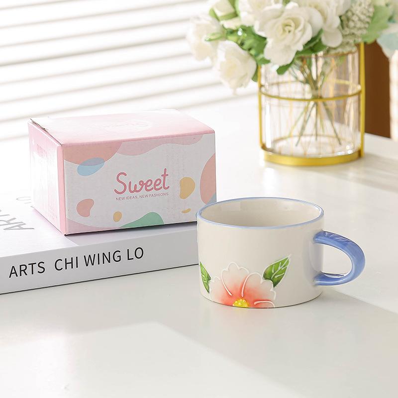 Creative Mug Japanese Hand Painted Embossed Ceramic Mug  Household Breakfast Mug  Couple Water Cup  High Value Coffee Mug