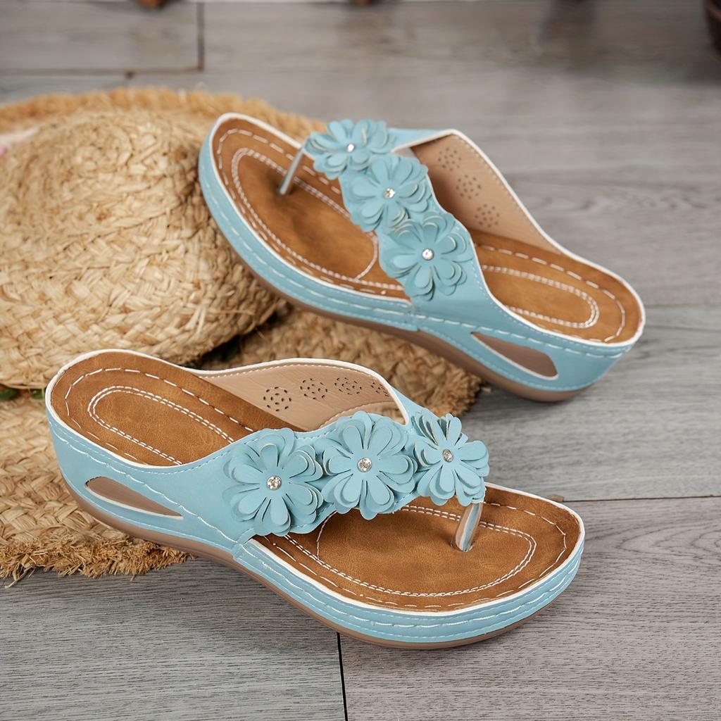 Ladies' Fashion Flip Flops | Casual Open-Toe Flat Sandals with Floral Decorations, Comfortable PU Sole, All-Season Wear | Standard Fit