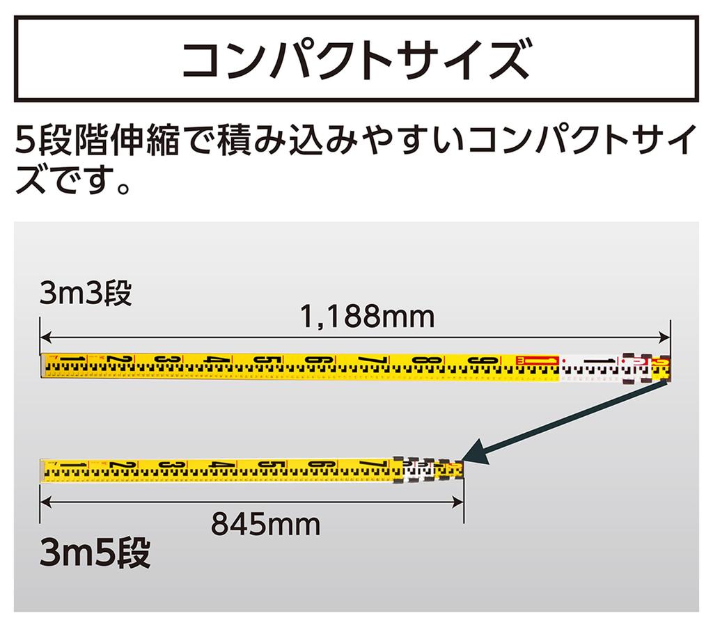 Shinwa Sokutei Aluminum Staff 5 10mm Pitch On the Front and 1mm Pitch On the 73275 II, 3m, Sections, Back, Yellow,