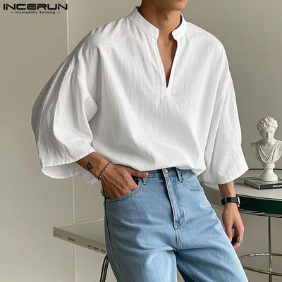 Vintage Oversized Men Stand V Neck 3/4 Sleeve Casual Loose T-shirts