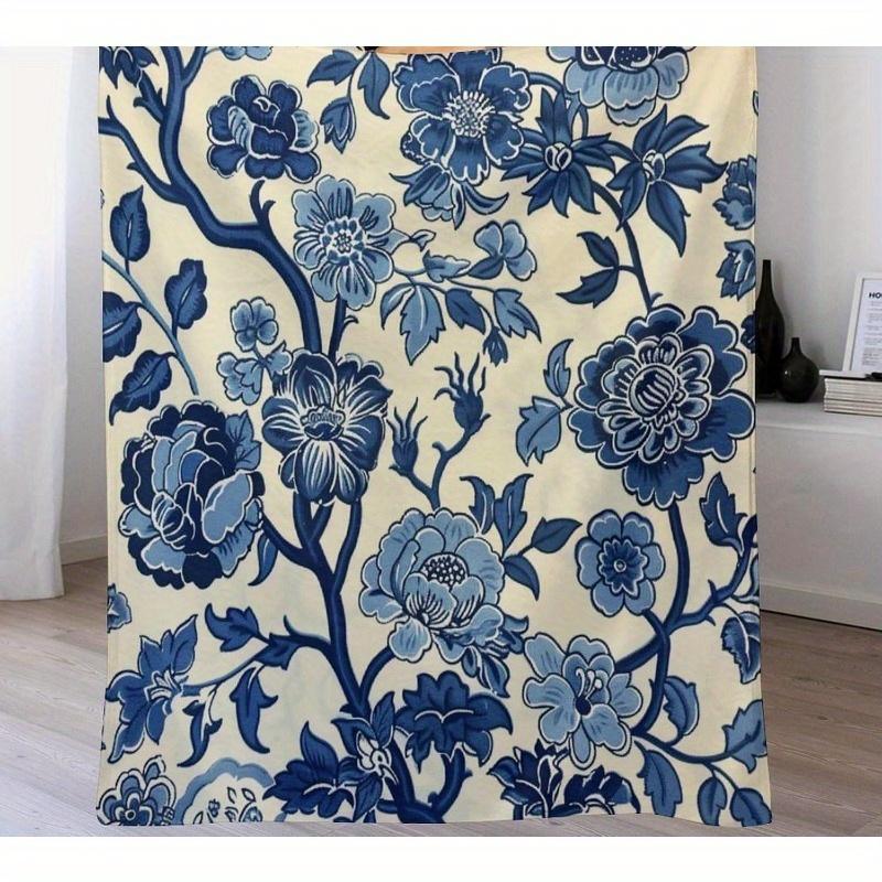 Couverture d'appoint bleu indigo floral douce et confortable, Chinoiserie vintage, Parfaite pour les voyages, le camping et la décoration intérieure,