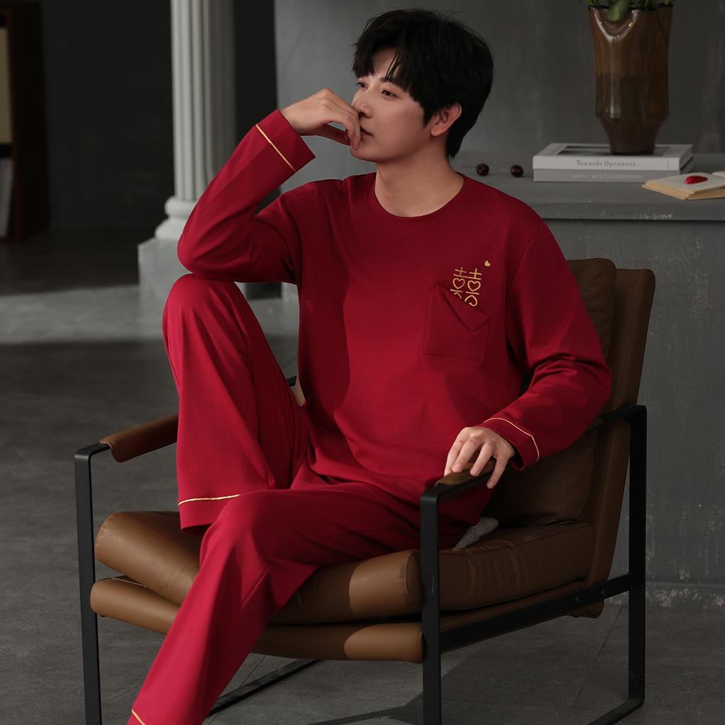 Spring and autumn new red cotton long-sleeved newlywed couple pajamas wedding men and women with chest pads for wedding loungewear winter