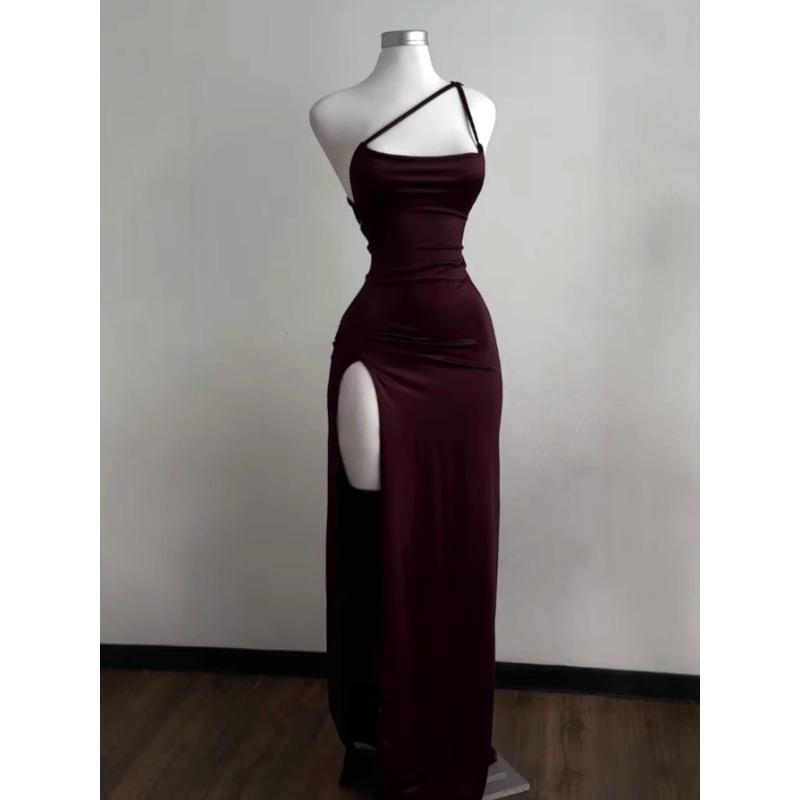 

Satin Women s Dress Summer New High-end Y2K Sexy Suspender Hot Girl Evening Dress Elegant Split Fashion Solid Color Slim Fit Party Female Dresses S темно-красного