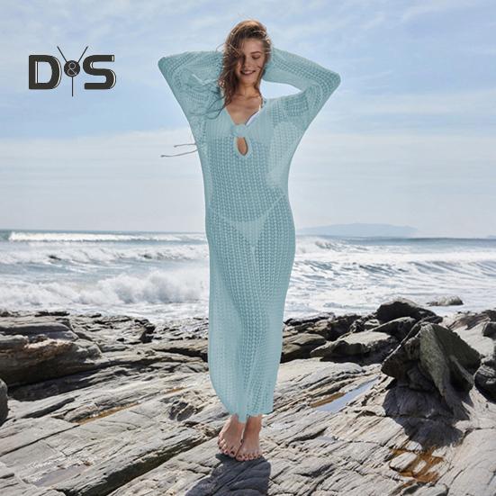 Damen Strandkleid Aushöhlen Gestrickt Rückenfrei Schnürriemen V-Ausschnitt Lockerer Kittel Überzug Langarm Sonnenschutz Lady Bikini Badeanzug Beachwear