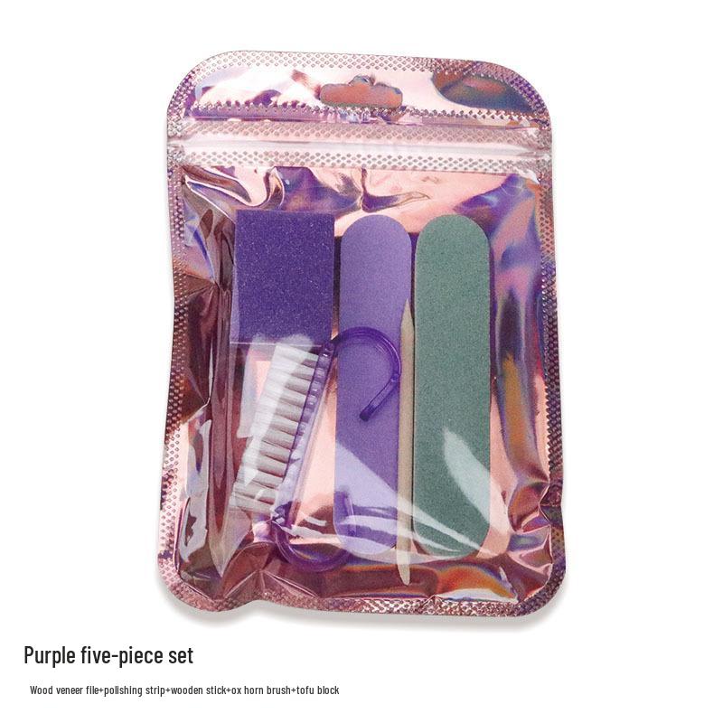 5-Piece Manicure Kit: Press-on Nail Tool with Wood Grain File, Polishing Strip, Wood Stick, Horn Brush & Sponge Block