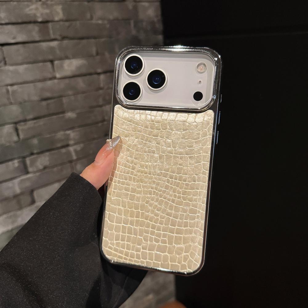 Silver Border Plating Crocodile Texture Phone Case For iPhone 17 Air 16 15 14 13 12 11 Plus Pro Max Full Frame Shockproof Cover