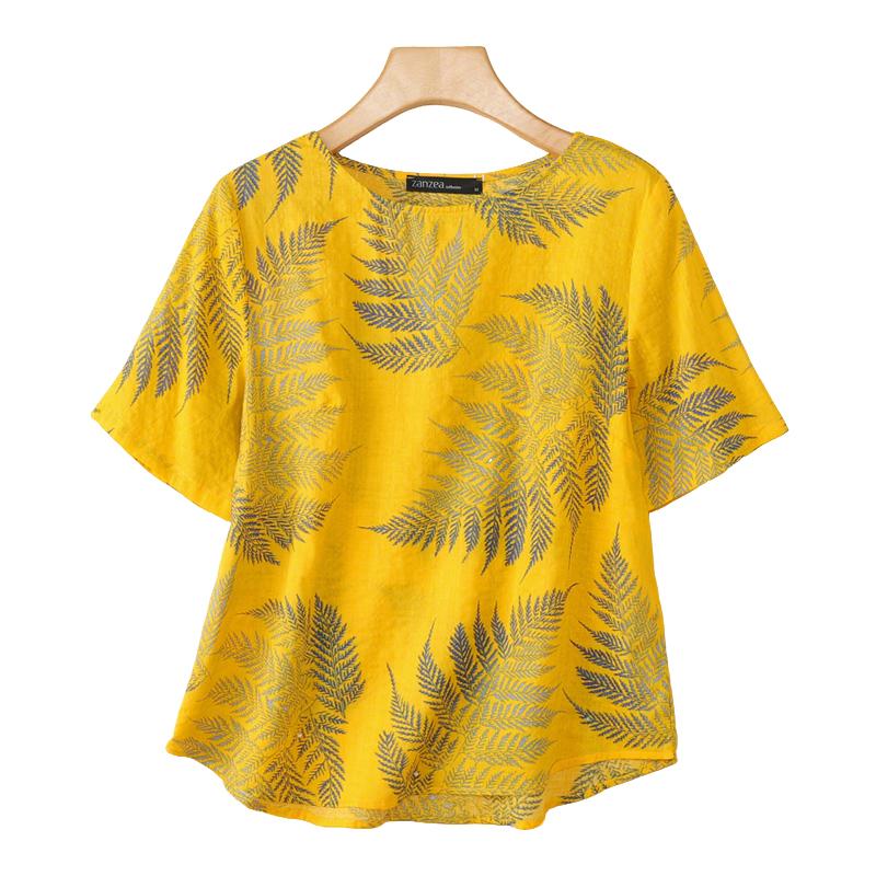 

ZANZEA Женская повседневная летняя блузка с круглым вырезом и коротким рукавом с принтом 5XL жёлтый