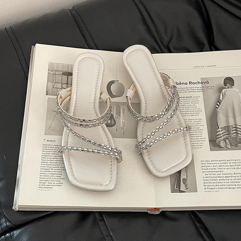French low-heeled temperament cool slippers fairy shoes summer wear strap slippers combination rhinestone wedge sandals woman