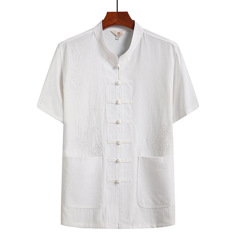 Costum Tang din bumbac-in cu mânecă scurtă pentru bărbați de vârstă mijlocie și în vârstă - Stil chinezesc Hanfu de vară