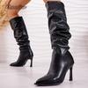 Pointed Toe High Heel Pleated Fashion Boots Women'S Plus Size 35-42 Leather Black Stiletto Boots Elegant Knee High Botas Mujer