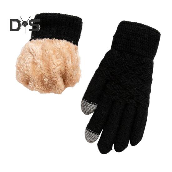 1 Pair Women Winter Gloves Double-layer Thickened Plush Jacquard Knitted Five Fingers Unisex Anti-slip Cold Weather Driving Golfing Skiing Skating
