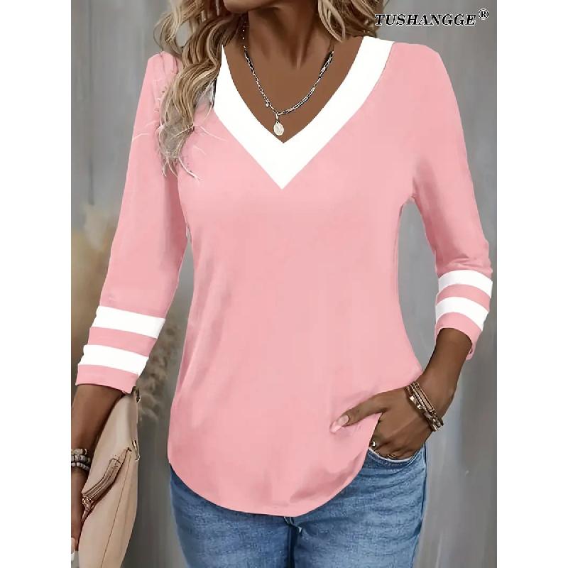 American style 2026 new women's casual fashion trendy high-quality color-blocked long-sleeve V-neck T-shirt