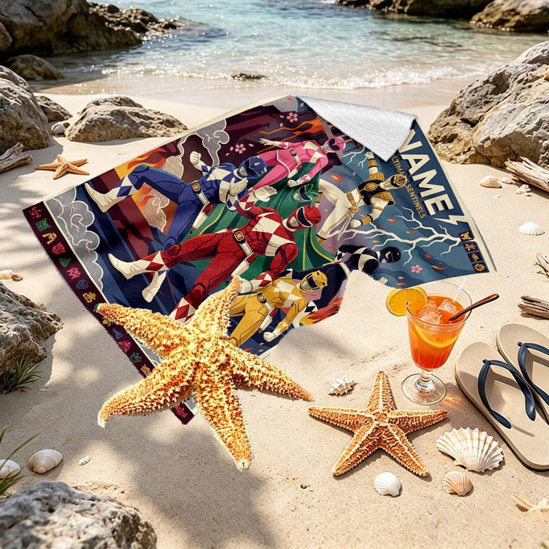 Custom Name Personalized Power Rangers Print Beach Towel, for Trip Camping Beach Party Home Decor, Birthday Gift for Family & Friends