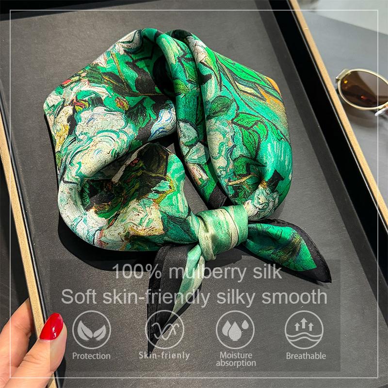 100% Silk Scarf Bandana Women Square Scarves Wrap Kerchief Green Mulberry Silk for Summer Luxury High Quality Headband Hijab