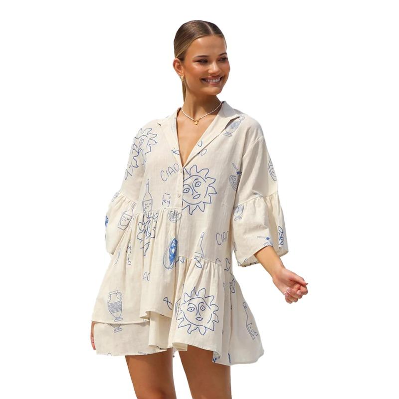Women's Comfortable Simple Flared Sleeve National Wind Loose Shirt Short Dress
