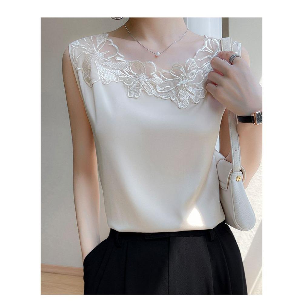 Silk Breathable Lace Camisole Loose Satin Suit Sleeveless Top Without Collar Splicing Vest