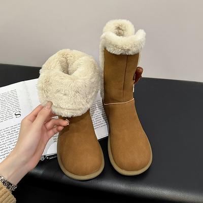 Dicksohlige Zwei-Wege-Hornschließe Mittelhohe Schneestiefel Damen Neu Samtverdickt Warm und Rutschfest Baumwollstiefel