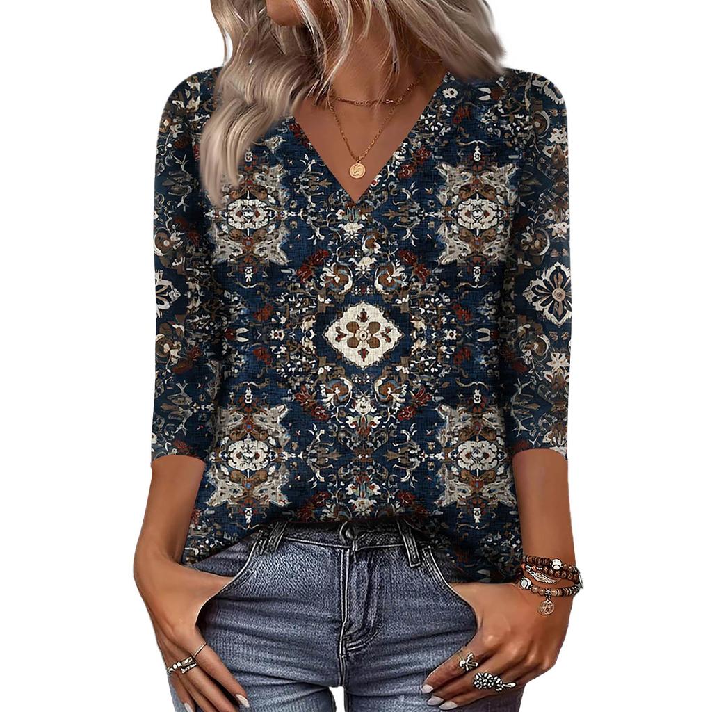 Women's 3/4 Sleeve Shirts V Neck Print Tops Casual Tops Basic Tees Blouse Loose Tops