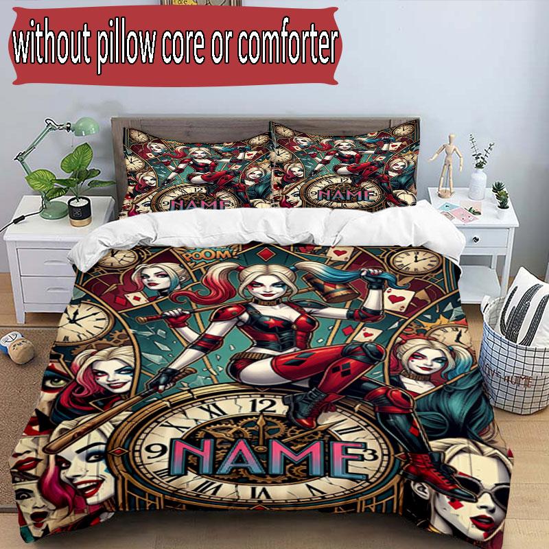 3pcs Duvet Cover Set (1*Duvet Cover + 2*Pillowcase, Without Core), Custom Name Harley Quinn Pattern Bedding Set, Home Bedroom Decor Gift