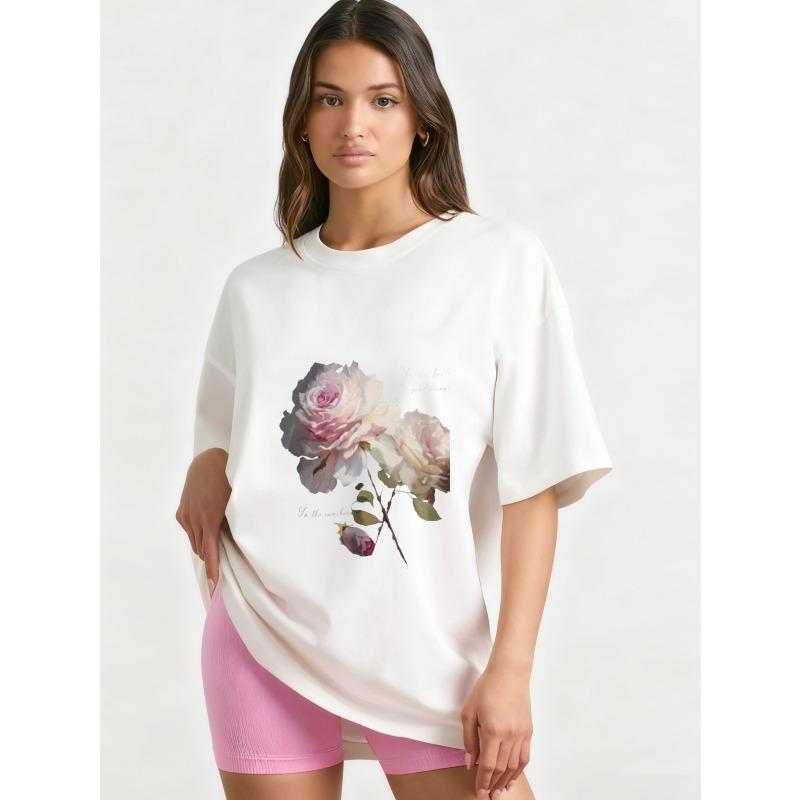 

Футболка оверсайз черная с цветочным принтом из роз и вдохновляющей цитатой, повседневная XXXXL белый