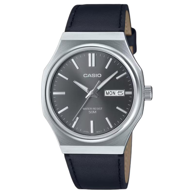 Casio STANDARD Serie, Business, wasserdicht 50 Meter, Quarz, Lederarmband, gleicher Stil für Damen und Herren, schwarzes Zifferblatt MTP-E735L-8AVDF