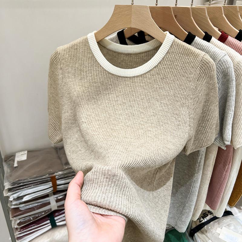 

Модные женские топы с короткими рукавами на весну и лето, нишевые уникальные шикарные топы внутри короткой части свитера с круглым вырезом Color Collision One size абрикосовый