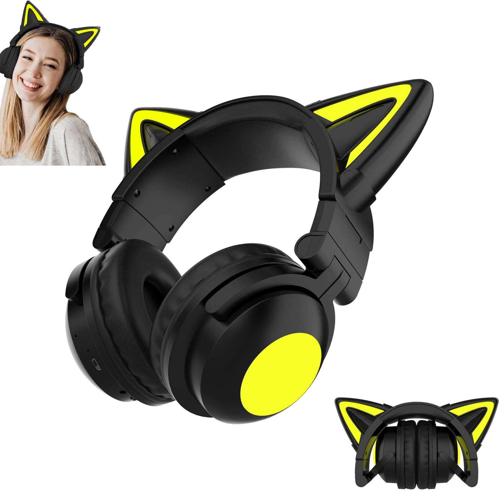

Cat Ear Headphones, Bluetooth 5.0 Gaming Headset, Cat Ears, Wired and Wireless, Wireless PC Gaming Headphones, Noise Cancelling, Foldable, Built-in