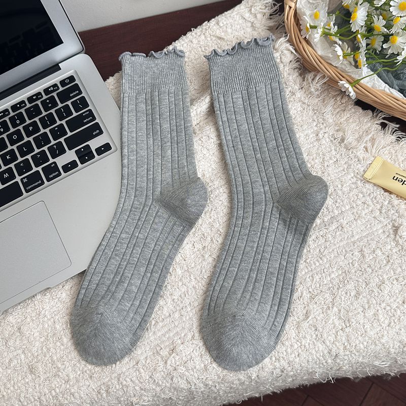 Socks For Women, Solid Color Double-Needle Fungus Edge Medium Long Tube Stacking Socks, Versatile Combed Cotton Confinement Socks