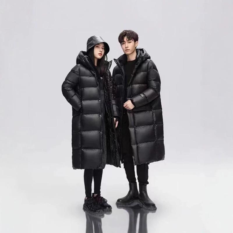 Nuevas chaquetas de plumón de ganso blanco para hombre y mujer, negras y doradas, largas, holgadas, por encima de la rodilla