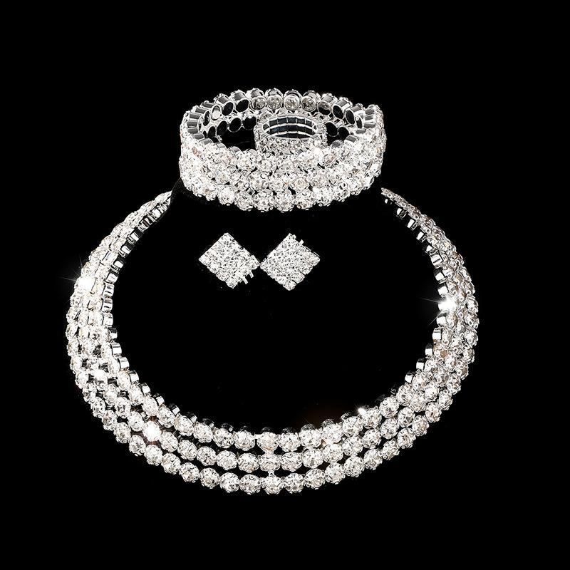 Diamond Necklace Earrings Ring Bracelet Four-Piece Set, Bridal Rhinestone Jewelry Set Ornament